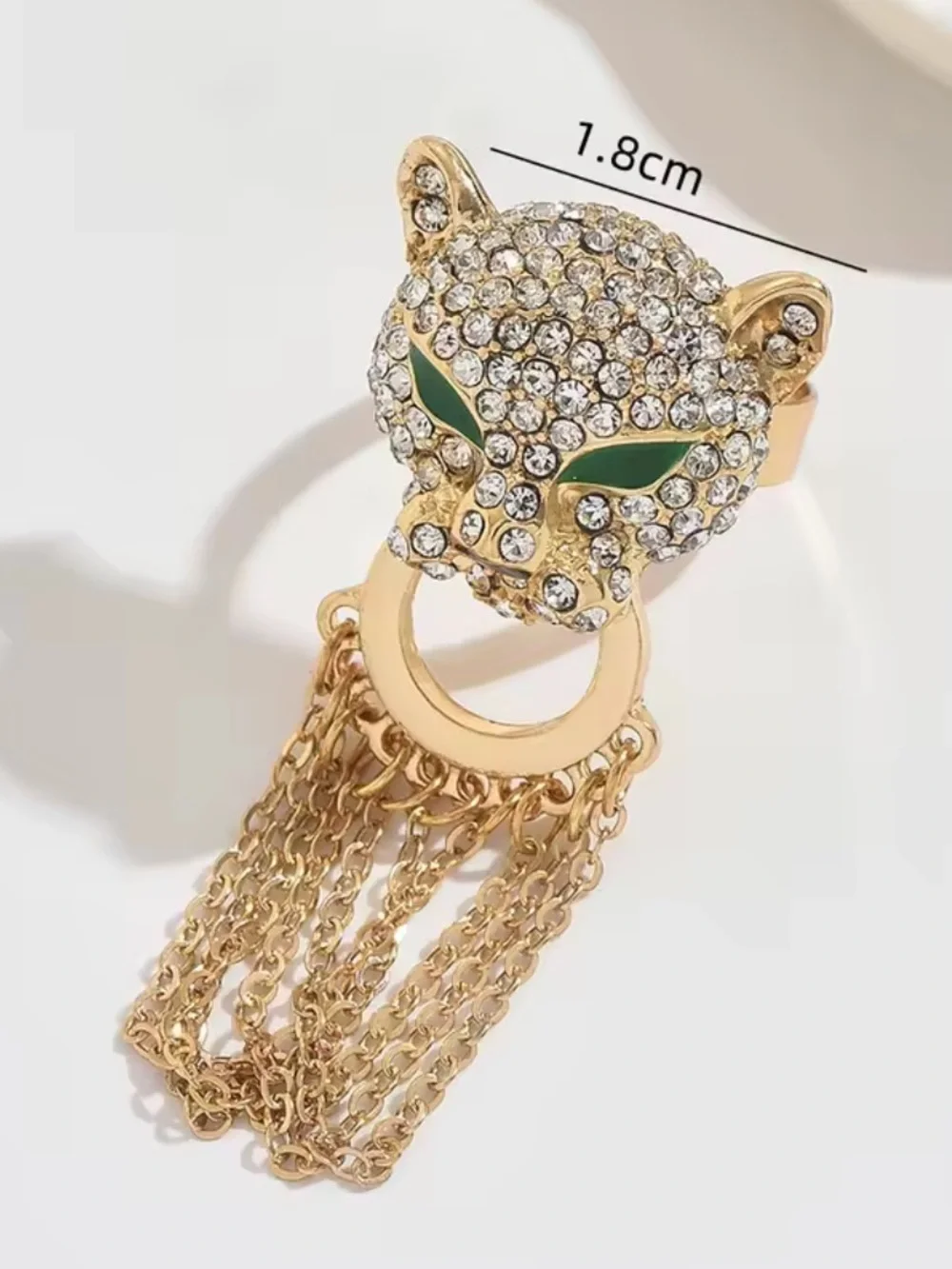 Adjustable size Gold Crystal Leopard Head Ring with Green Eyes